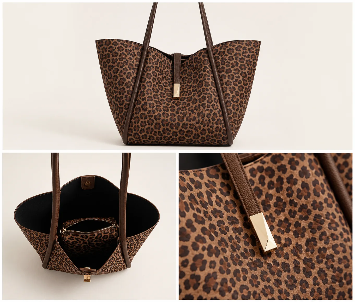 Leopard Print PU Shoulder Tote Bag with Matching Zip Pouch - Image 4