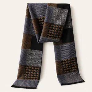 Men's Soft Brushed Winter Scarf – Plaid & Geometric Patterns - Brown & Navy Patchwork
