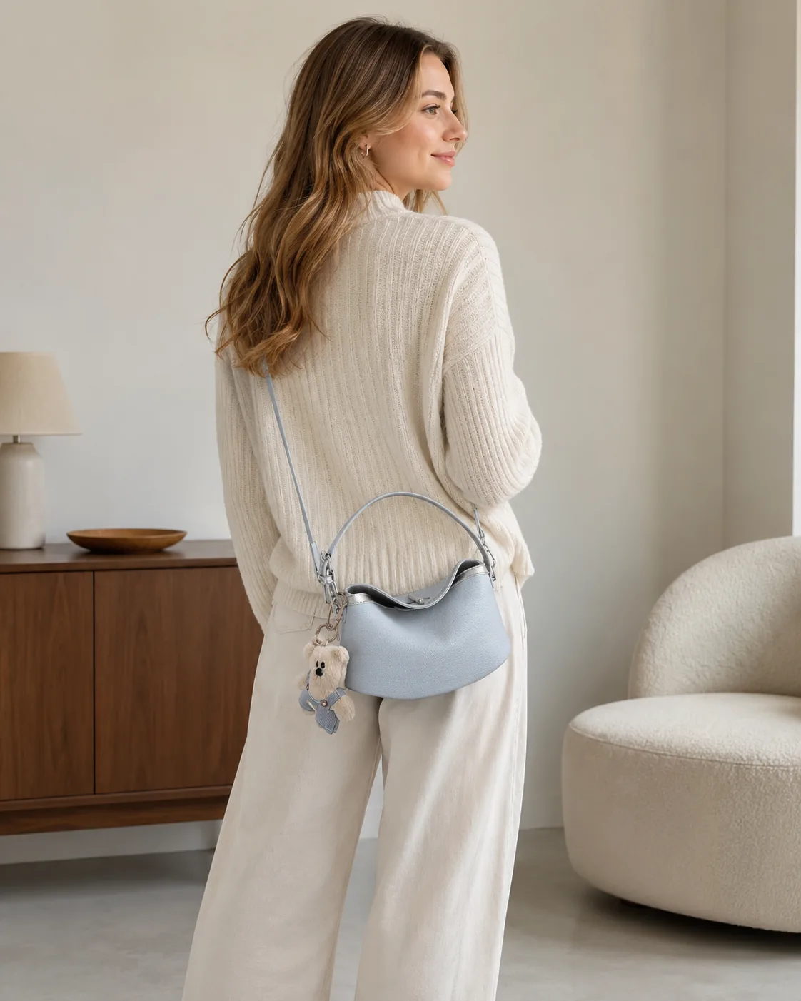 Mini Denim Hobo Shoulder & Crossbody Bag with Optional Bear Charm - Image 4