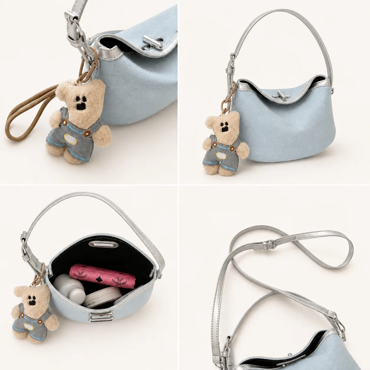 Mini Denim Hobo Shoulder & Crossbody Bag with Optional Bear Charm - Image 3