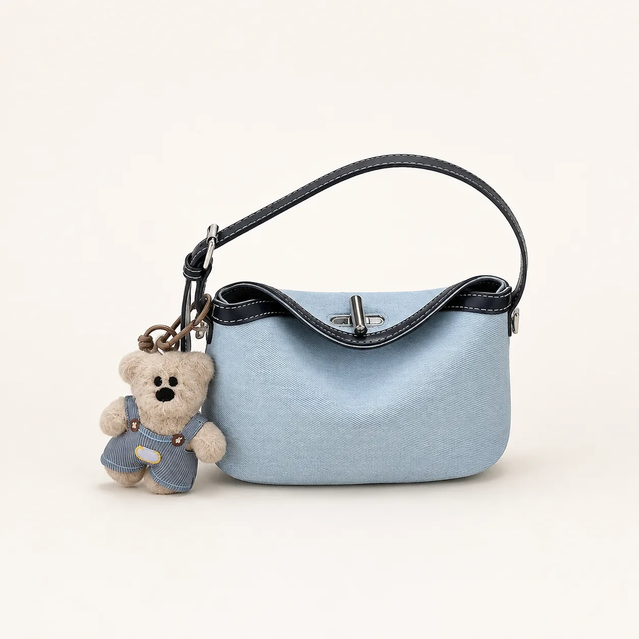 Mini Denim Hobo Shoulder & Crossbody Bag with Optional Bear Charm - Image 2