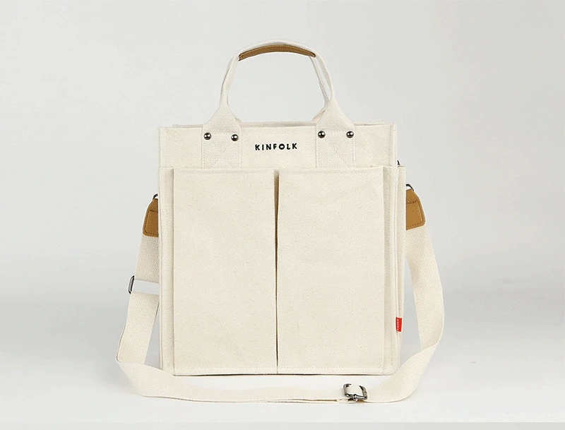 Multi-Pocket Canvas Tote Bag with Adjustable Shoulder Strap - Image 2