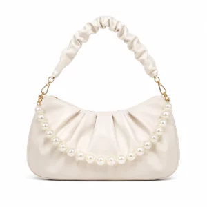 Pearl Strap Ruched Crescent Shoulder Bag