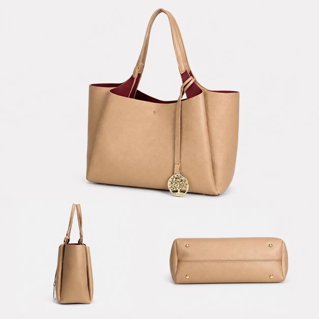 Pebble-Textured PU Shoulder Tote Bag with Tree-Motif Charm - Image 6