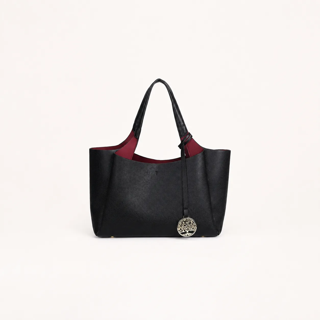 Pebble-Textured PU Shoulder Tote Bag with Tree-Motif Charm