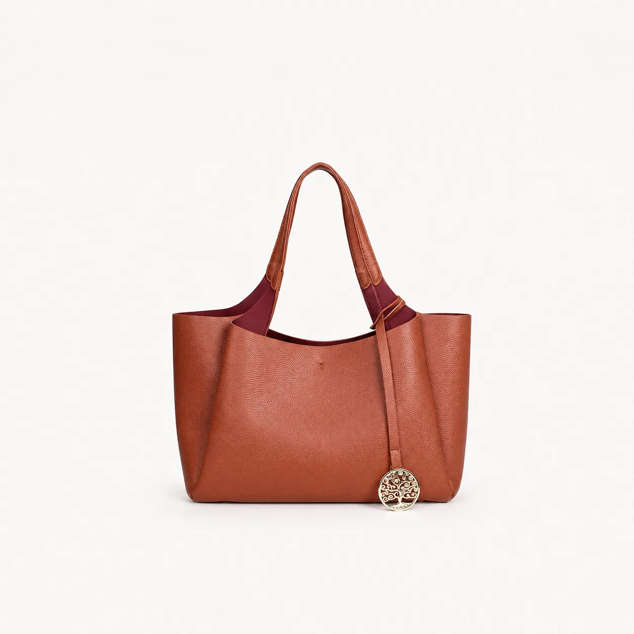 Pebble-Textured PU Shoulder Tote Bag with Tree-Motif Charm - Image 4
