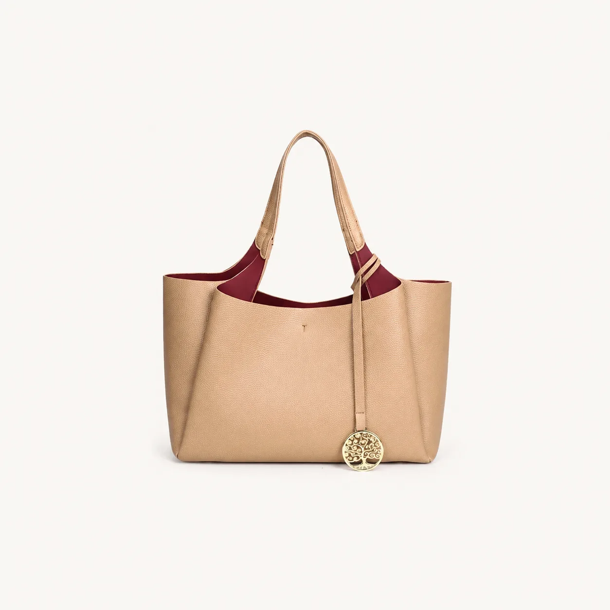 Pebble-Textured PU Shoulder Tote Bag with Tree-Motif Charm - Image 5