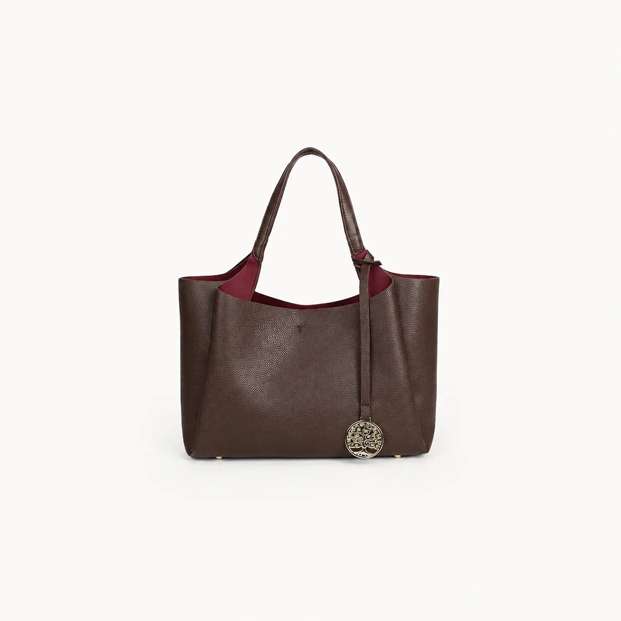 Pebble-Textured PU Shoulder Tote Bag with Tree-Motif Charm - Image 3