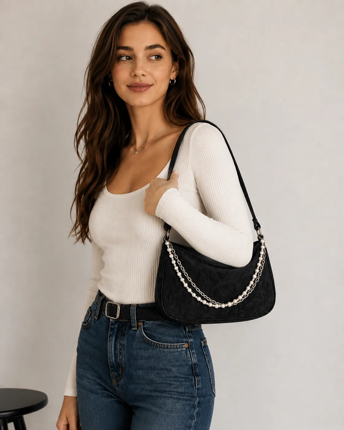 Quilted PU Pearl Chain Shoulder Bag - Image 5