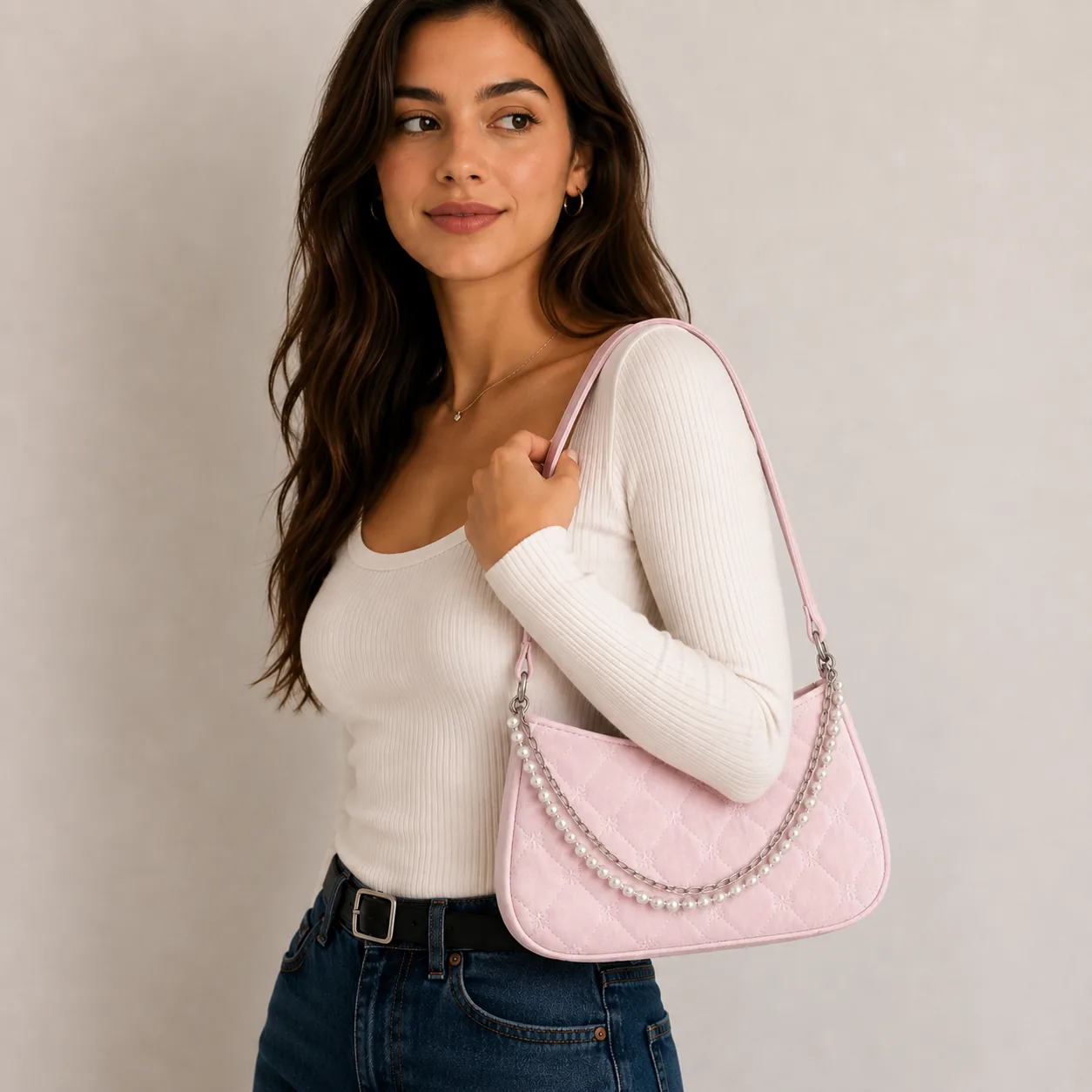 Quilted PU Pearl Chain Shoulder Bag - Image 6