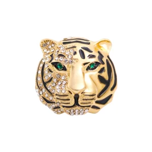 Rhinestone Tiger Head Brooch with Green Eyes