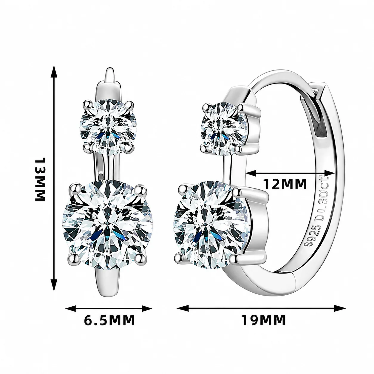 S925 Moissanite Double-Stone Huggie Earrings - Image 2