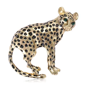 Sculpted Leopard Enamel Brooch Pin with Green Eye Accents