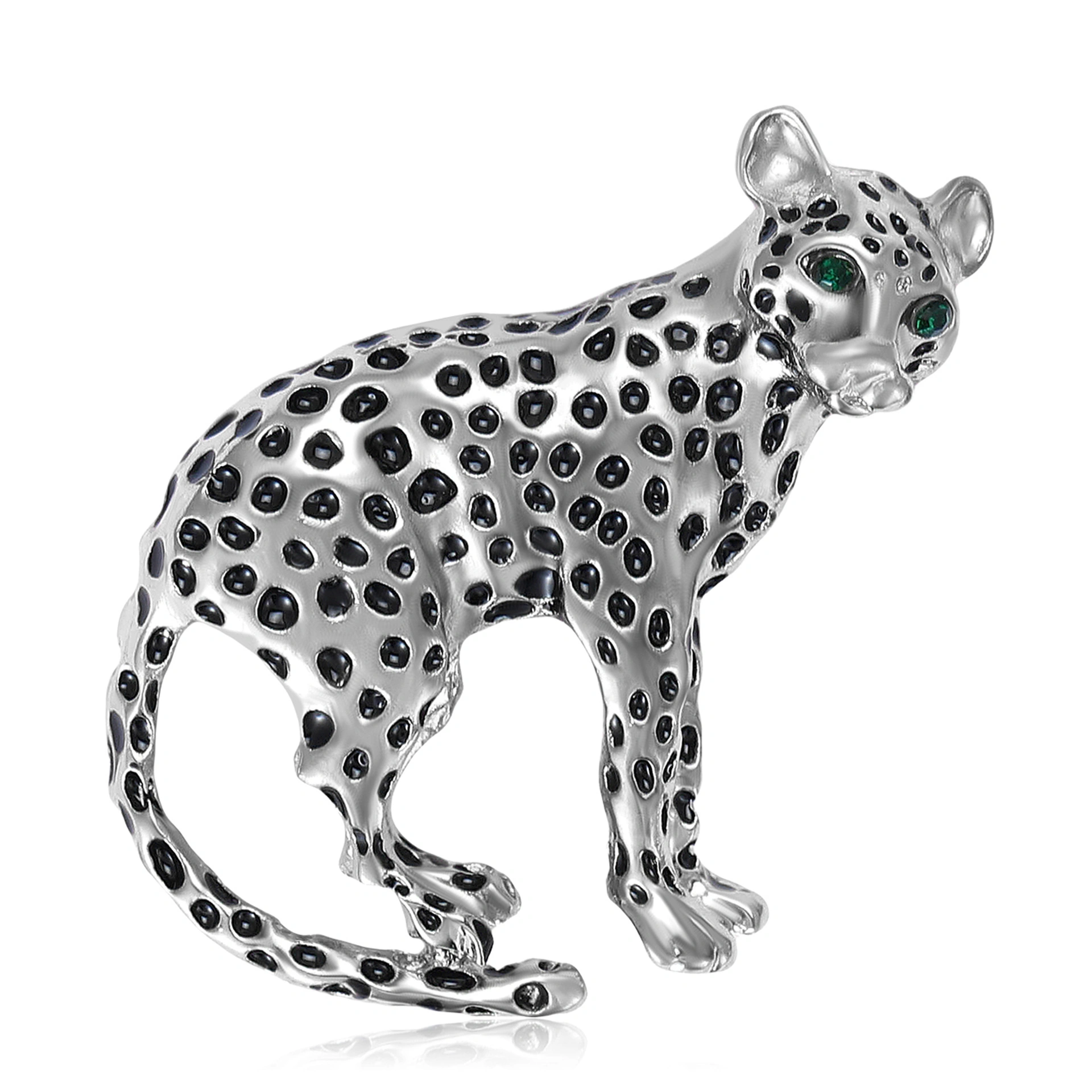 Sculpted Leopard Enamel Brooch Pin with Green Eye Accents - Image 2