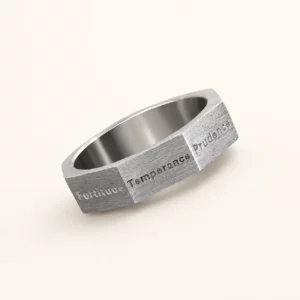 Seven Virtues Engraved Adjustable Open Band Ring – Silver Tone