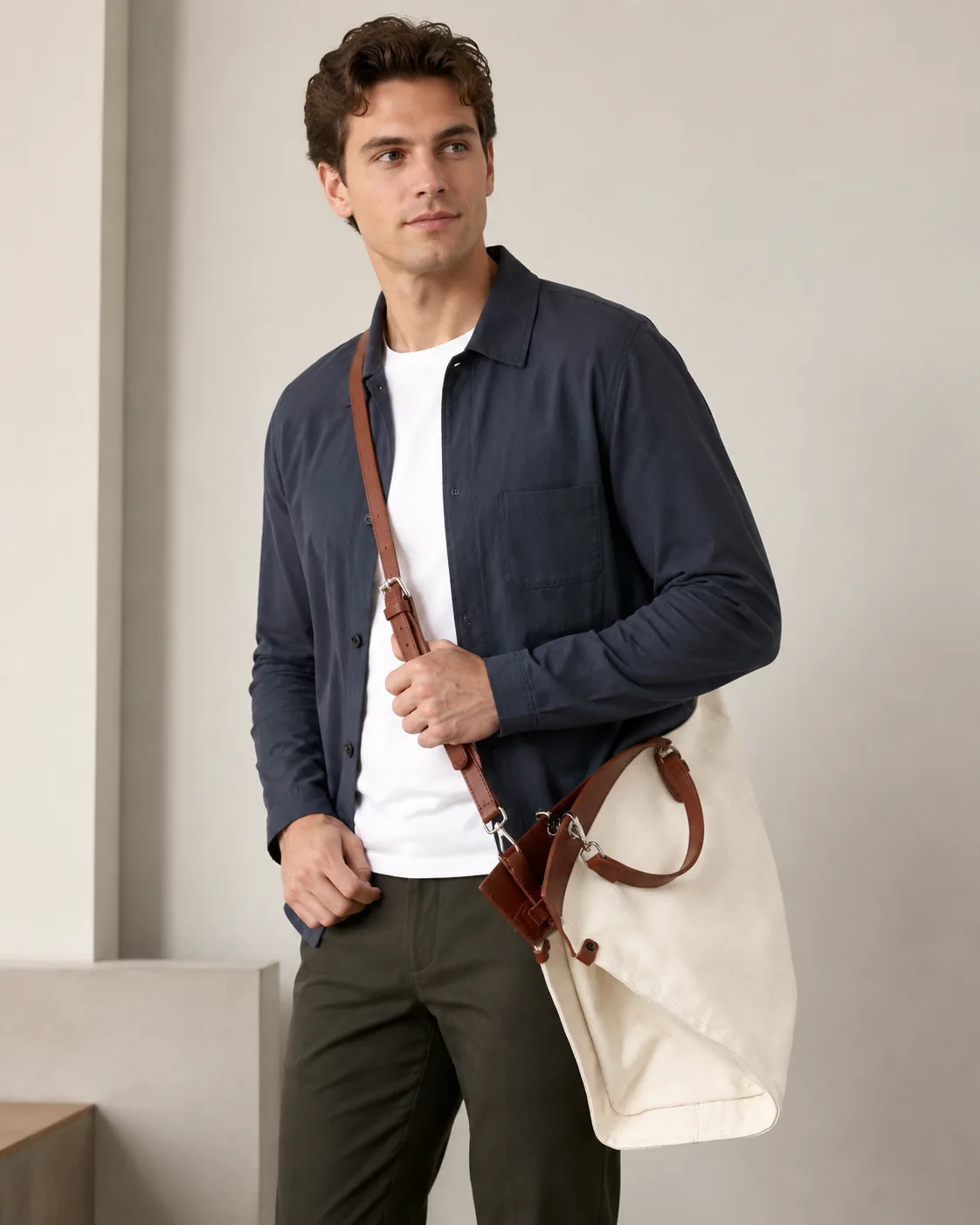 Structured Canvas Briefcase Tote Bag with Adjustable Shoulder Strap - Image 5