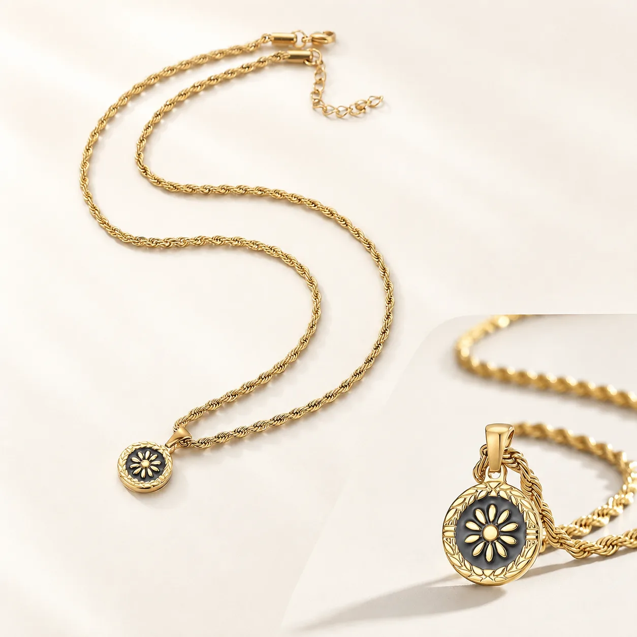 Sunflower Medallion Titanium Steel Rope Chain Necklace - Image 3