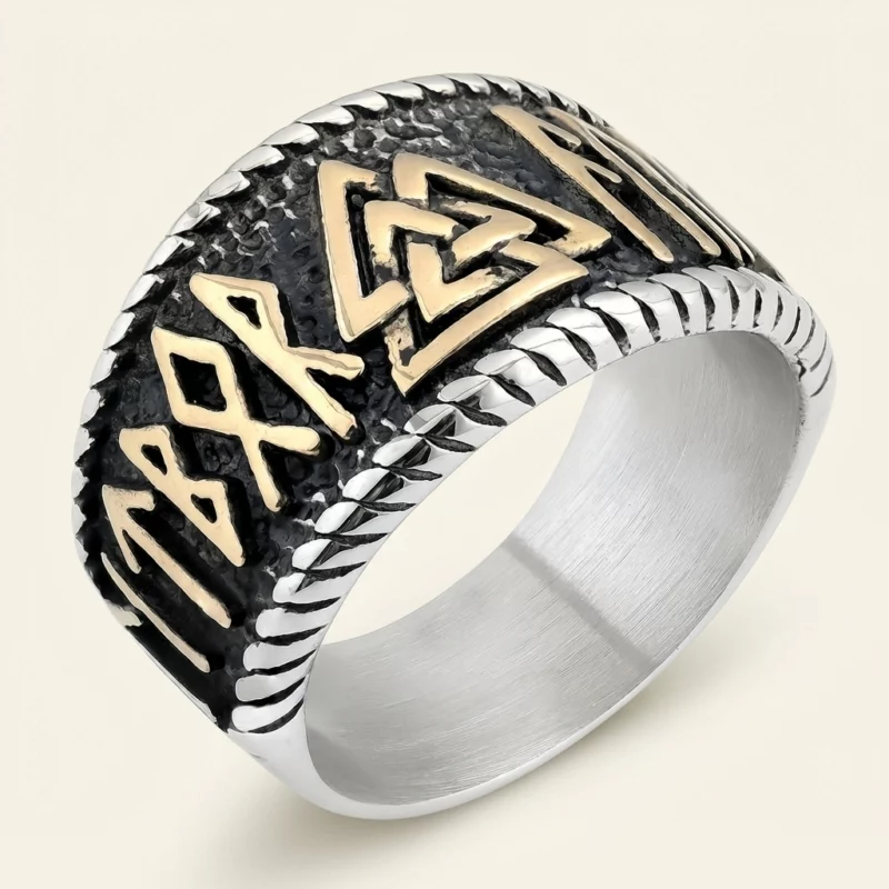 Viking Rune Valknut 316 Stainless Steel Wide Band Ring