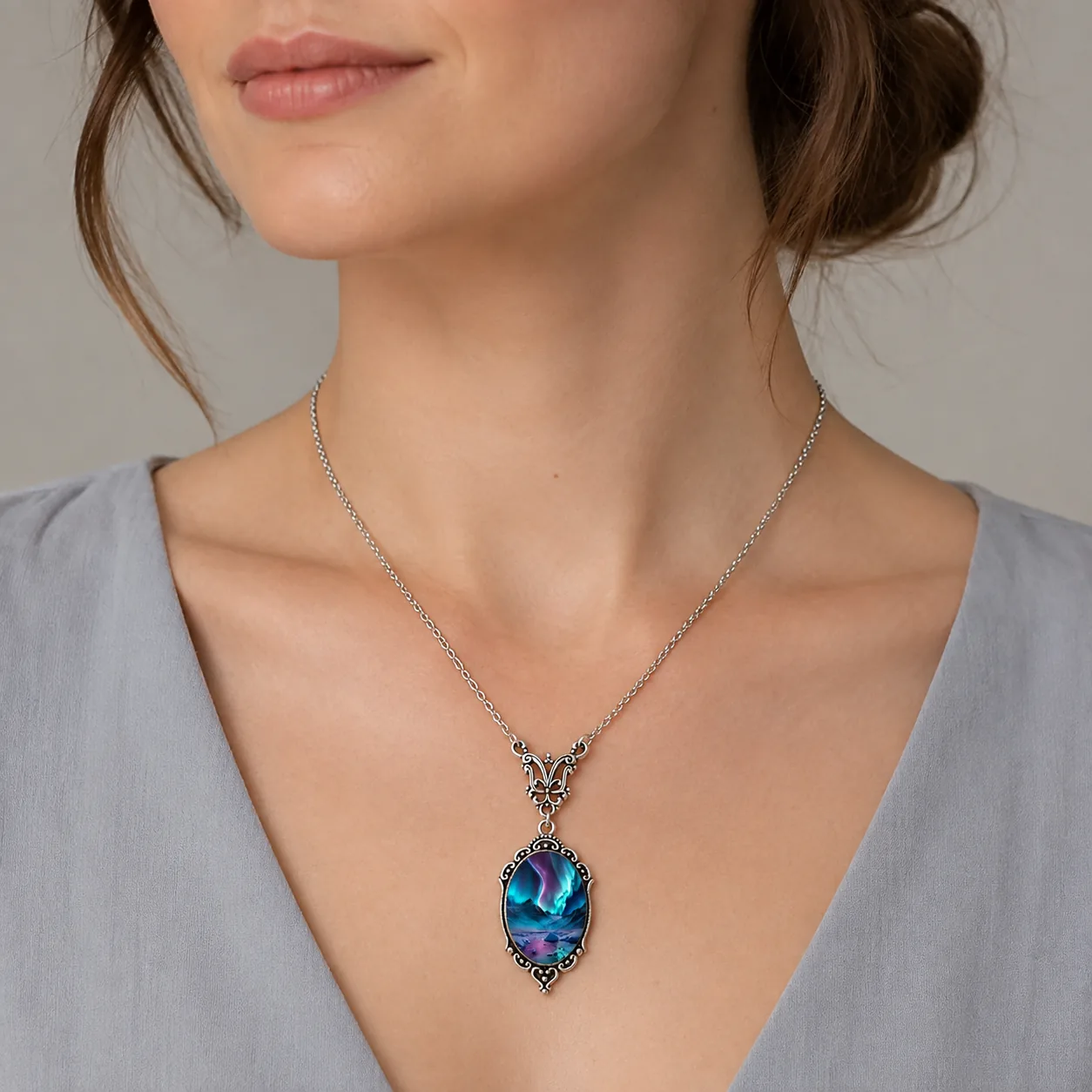 Vintage Oval Glass Cabochon Pendant Necklace with Ornate Butterfly Detail - Image 11