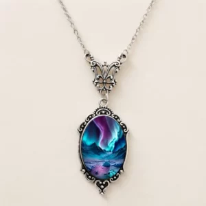 Vintage Oval Glass Cabochon Pendant Necklace with Ornate Butterfly Detail