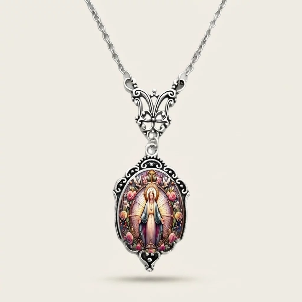 Vintage Oval Glass Cabochon Pendant Necklace with Ornate Butterfly Detail - Image 5