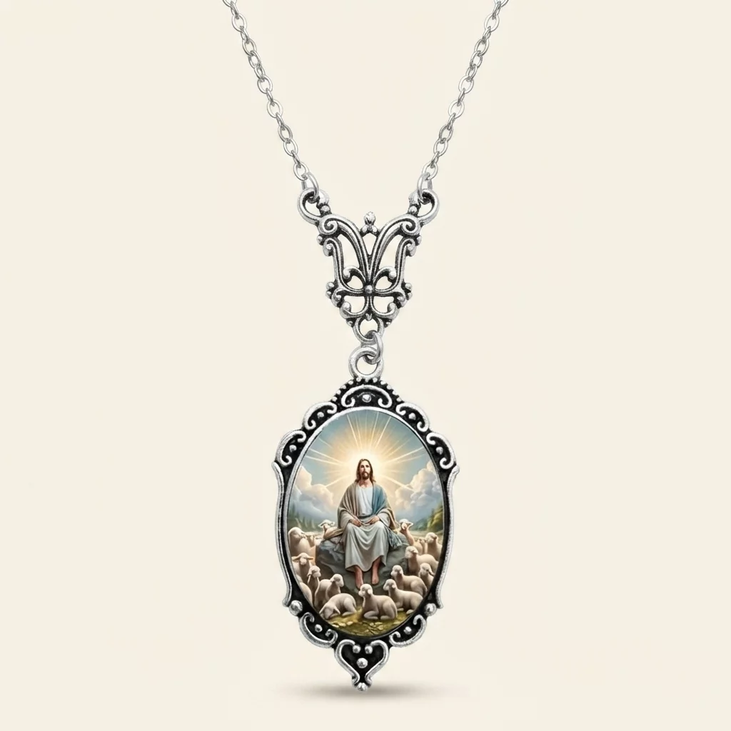 Vintage Oval Glass Cabochon Pendant Necklace with Ornate Butterfly Detail - Image 3