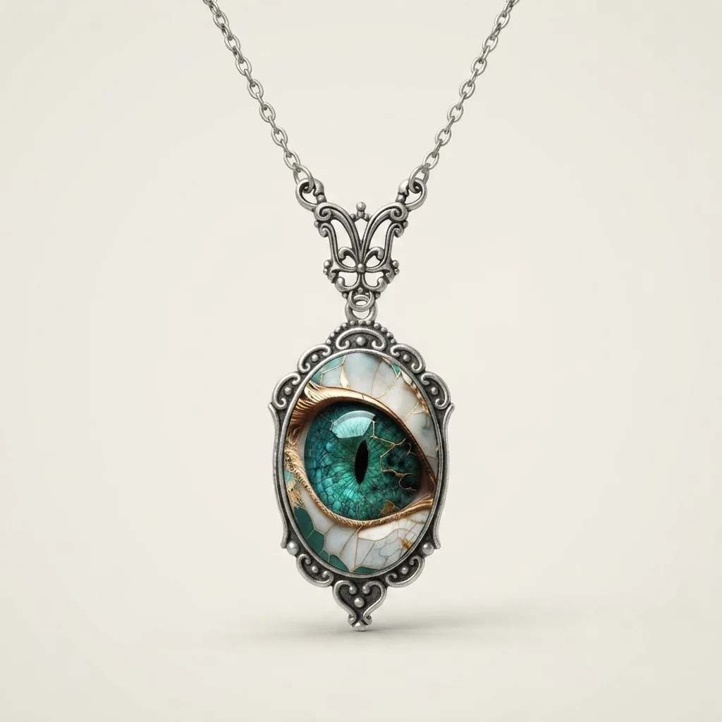 Vintage Oval Glass Cabochon Pendant Necklace with Ornate Butterfly Detail - Image 4