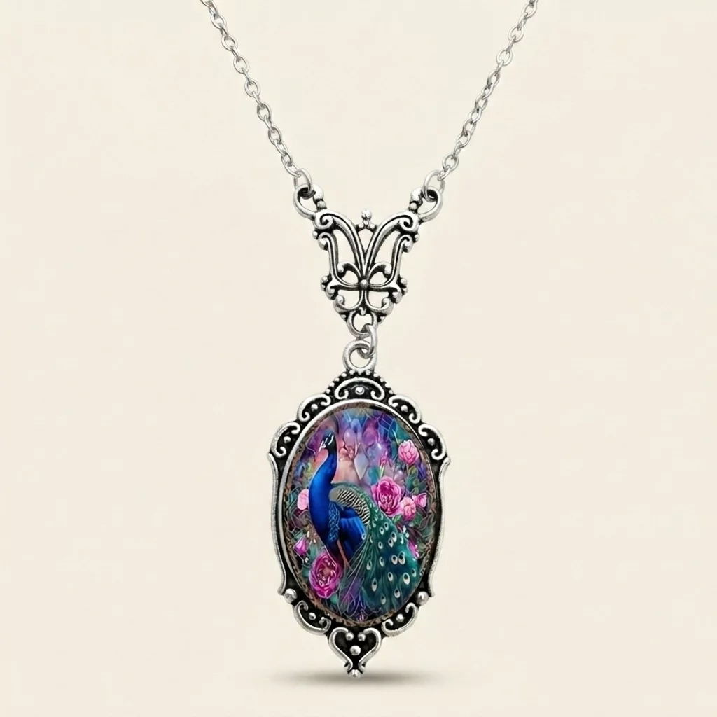 Vintage Oval Glass Cabochon Pendant Necklace with Ornate Butterfly Detail - Image 7