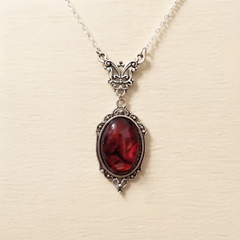 Vintage Oval Glass Cabochon Pendant Necklace with Ornate Butterfly Detail - Image 9