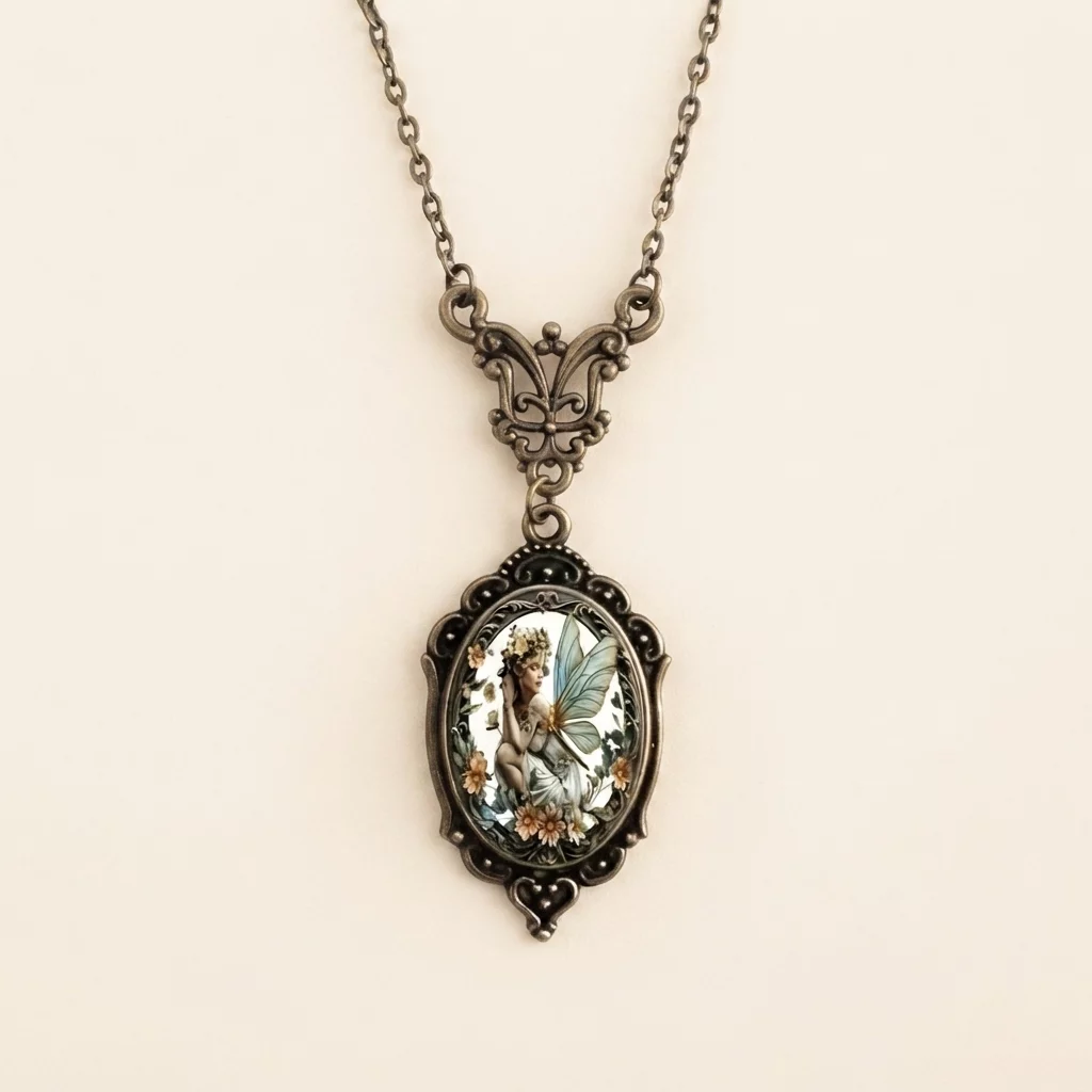 Vintage Oval Glass Cabochon Pendant Necklace with Ornate Butterfly Detail - Image 10