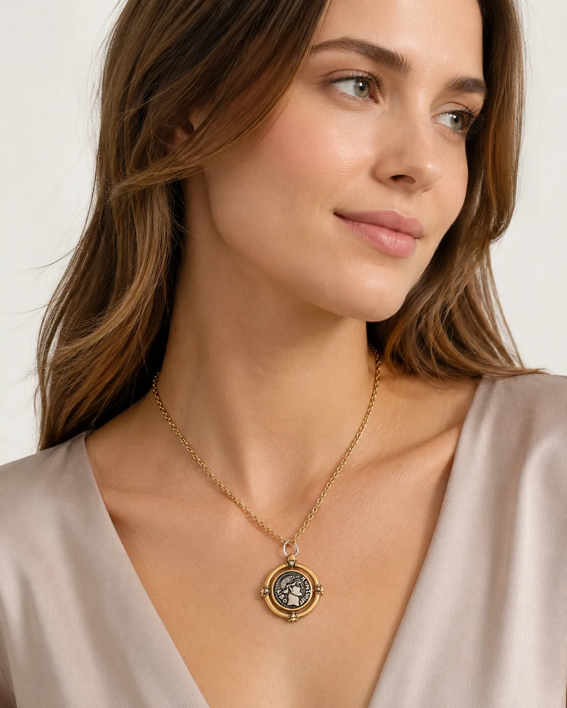 Vintage Roman-Style Coin Relief Copper Pendant Necklace - Image 9