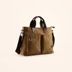 Washed Canvas Multi-Pocket Laptop Tote Bag with Split Cowhide Leather Trim