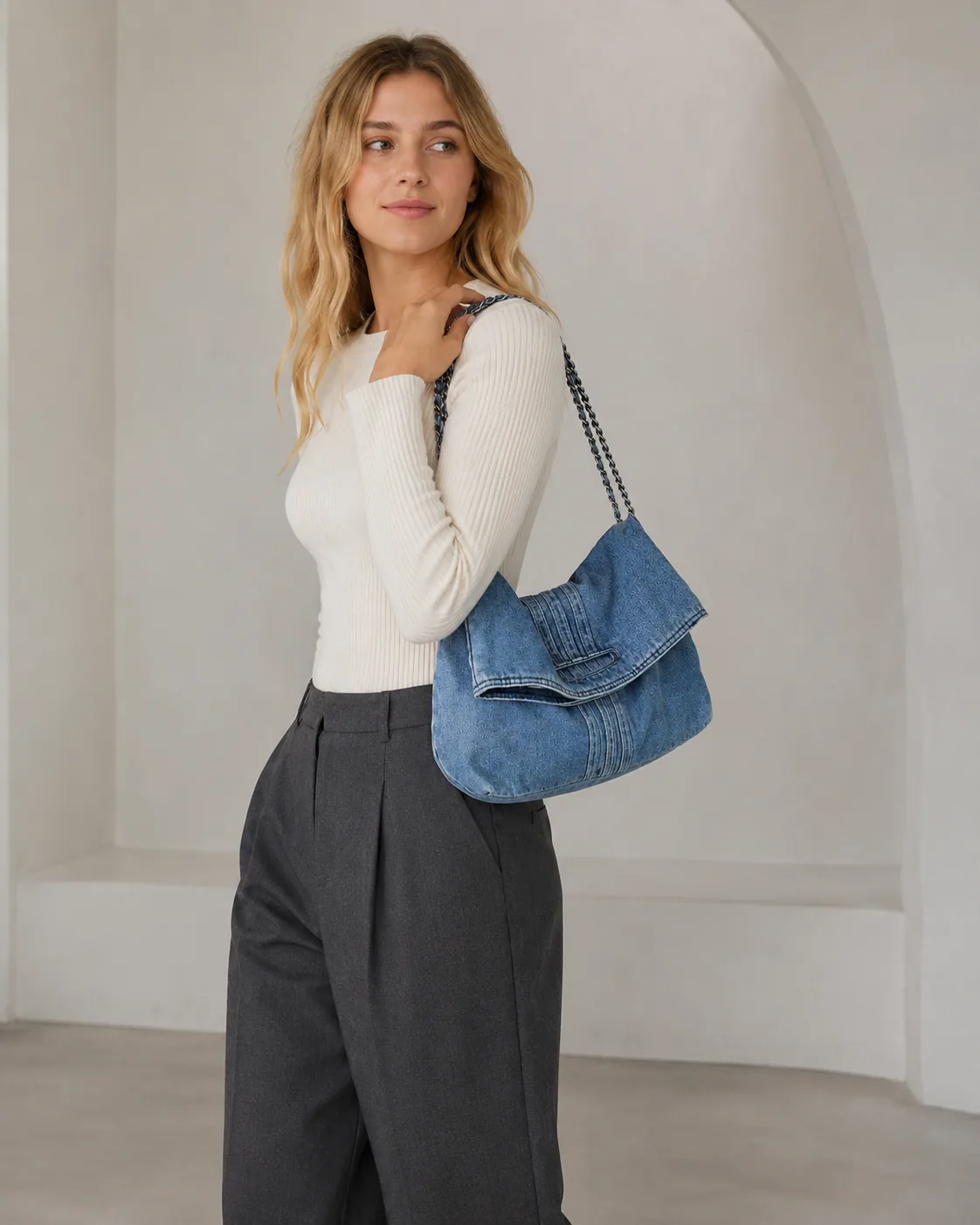 Washed Denim Foldover Shoulder Bag with Chain Strap - Image 5