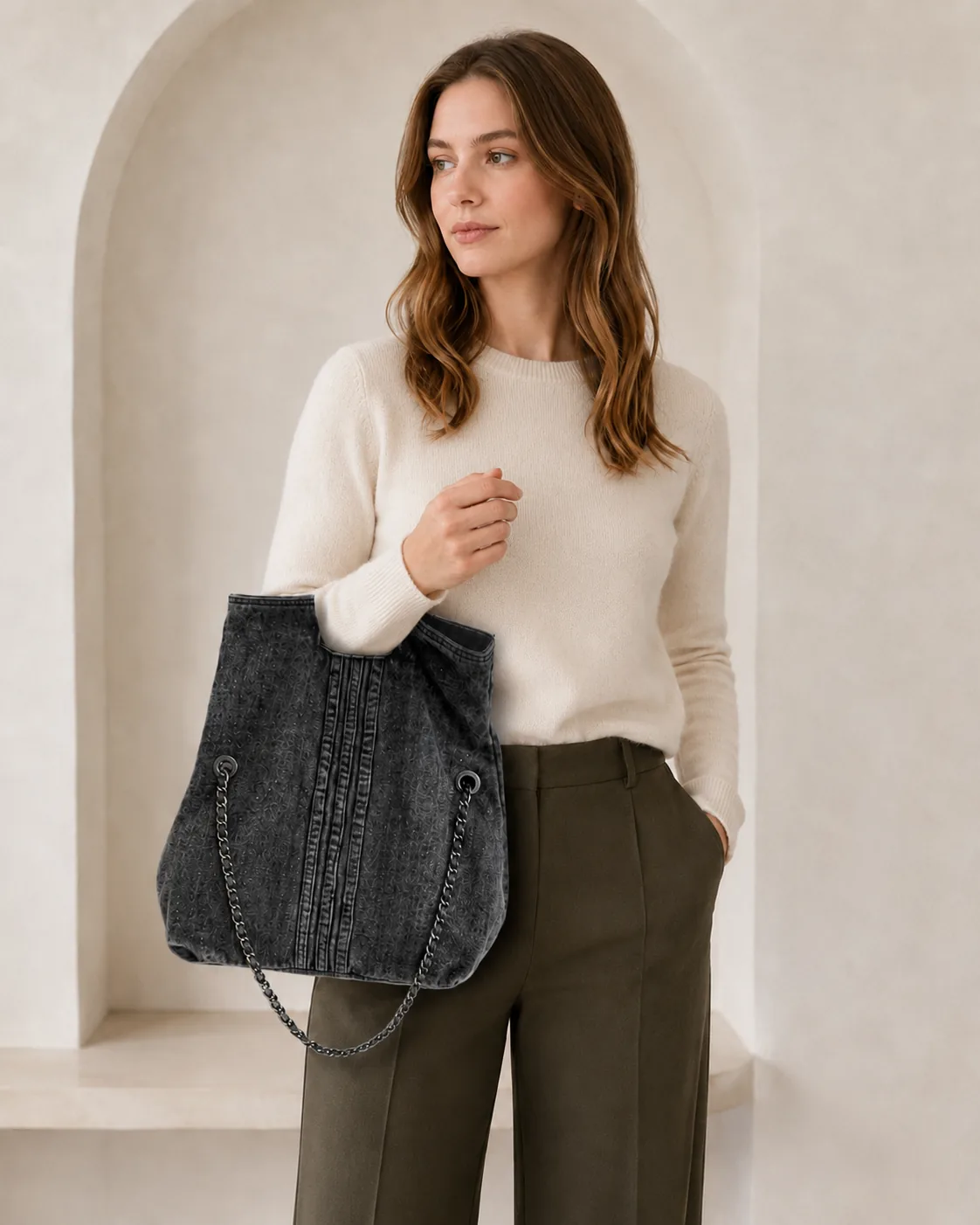 Washed Denim Foldover Shoulder Bag with Chain Strap - Image 6