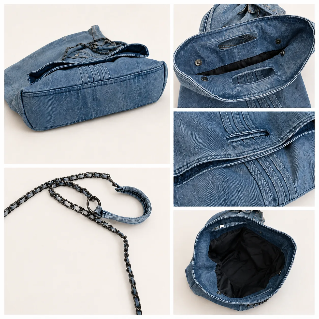 Washed Denim Foldover Shoulder Bag with Chain Strap - Image 4