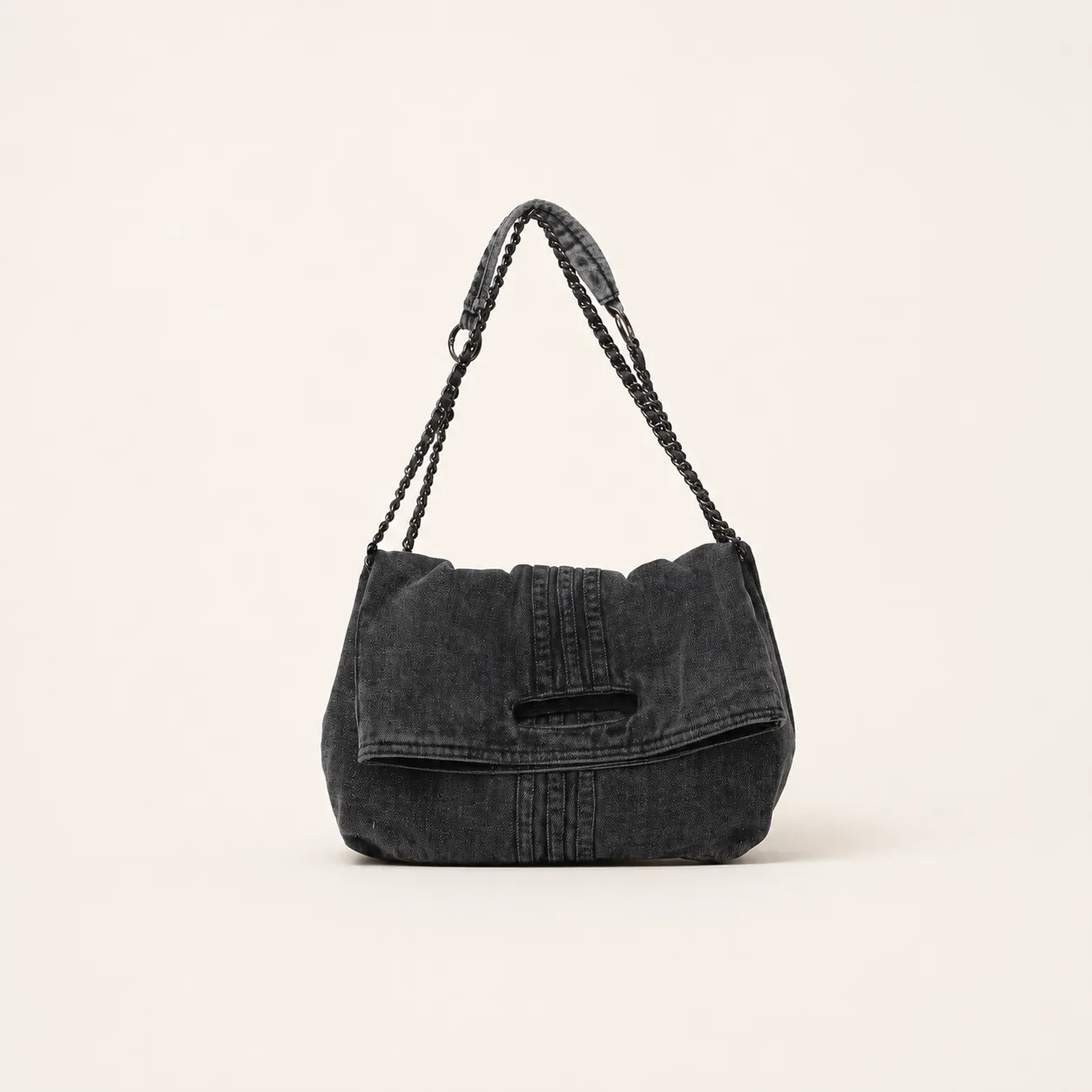 Washed Denim Foldover Shoulder Bag with Chain Strap - Image 3