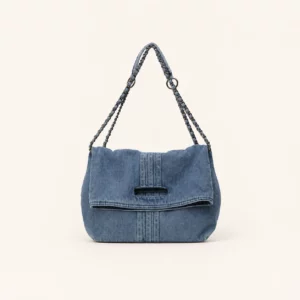 Washed Denim Foldover Shoulder Bag with Chain Strap