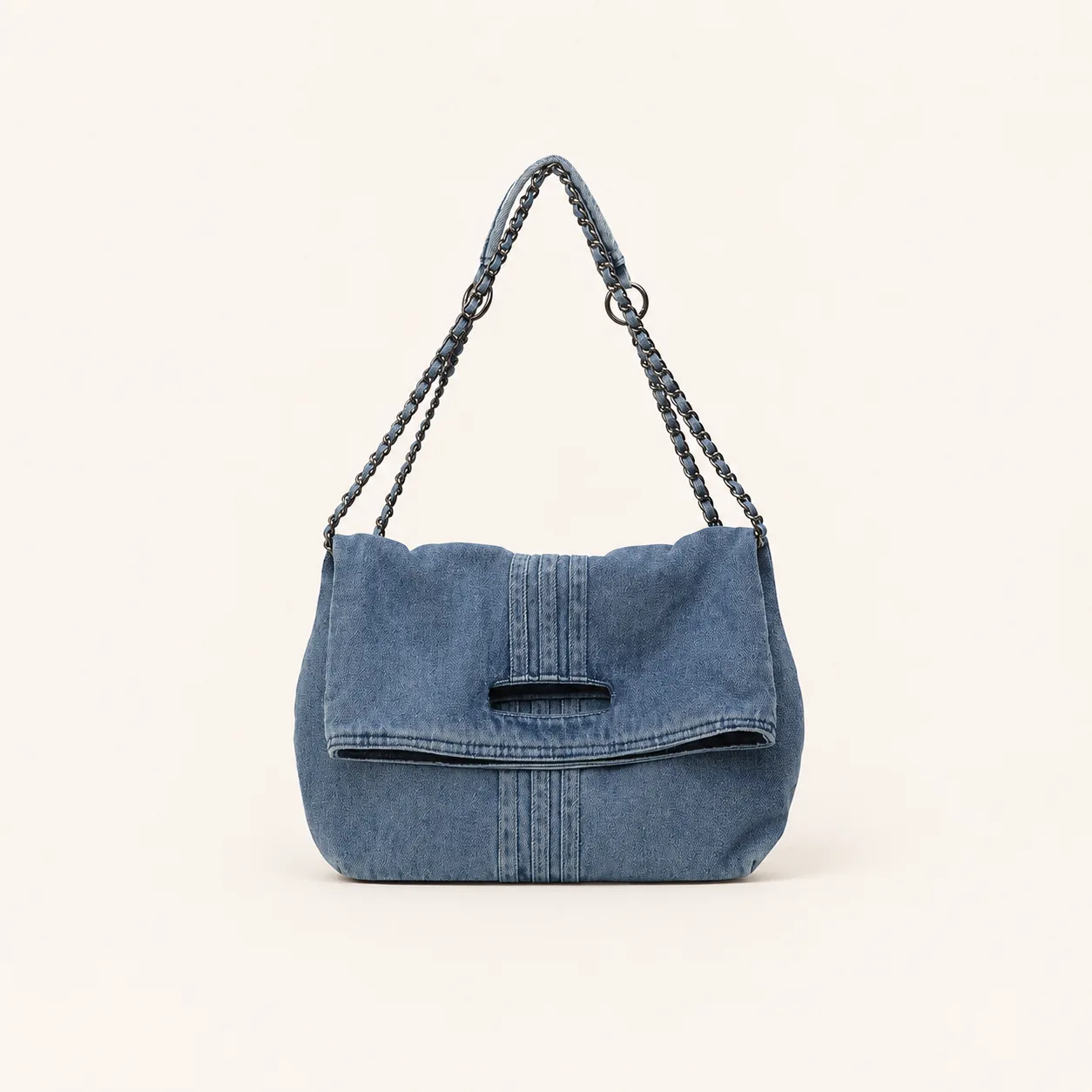 Washed Denim Foldover Shoulder Bag with Chain Strap