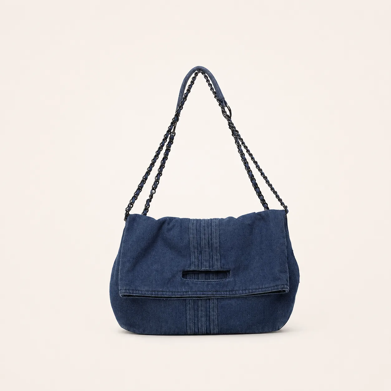 Washed Denim Foldover Shoulder Bag with Chain Strap - Image 2