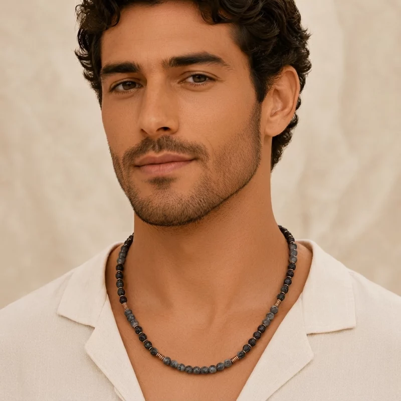 Black Gallstone & Volcanic Stone Beaded Necklace - Image 3