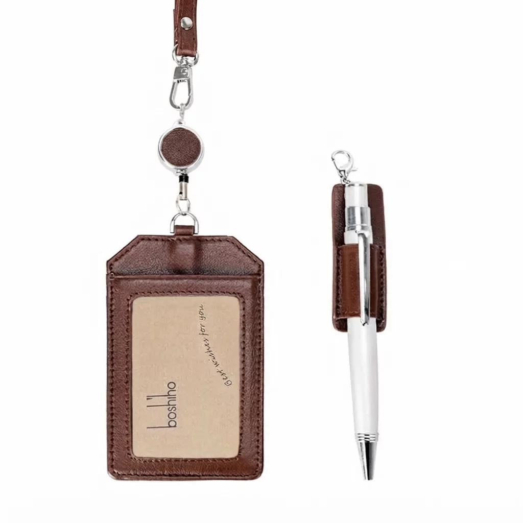 Leather Retractable ID Badge Holder with Lanyard - Image 3