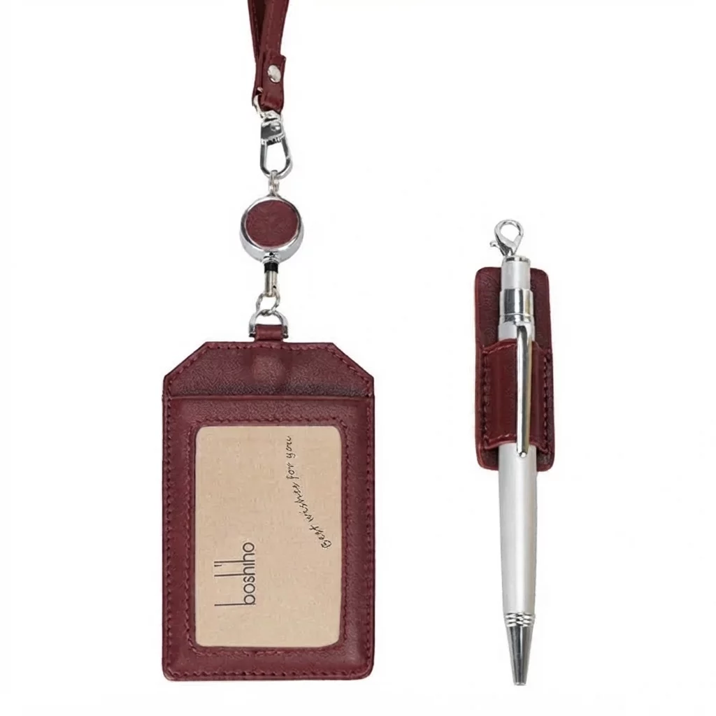 Leather Retractable ID Badge Holder with Lanyard - Image 2