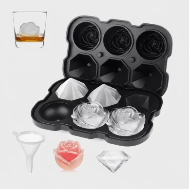 3D Silicone Ice Mold with Rose and Diamond Shapes, Snug-Fit Lid and Small Funnel