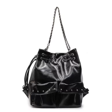 Convertible PU Bucket Backpack with Chain & Rivet Accents
