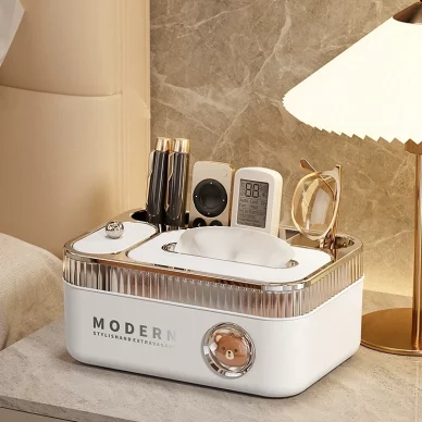 Multifunction Desktop Tissue Box Organizer With Storage Tray