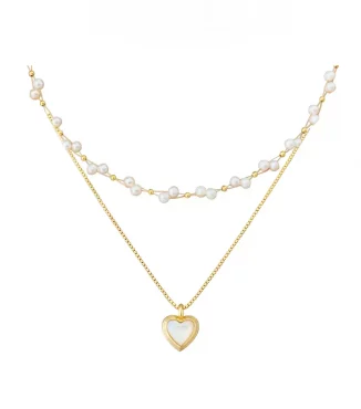 S925 Sterling Silver 18K Gold-Plated Pearl & Heart Layered Necklace Set-1