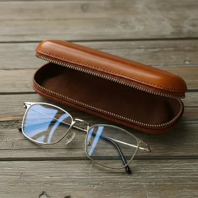 Vintage Top-Grain Leather Eyeglass Case with Detachable Lanyard, Structured Sunglasses Holder